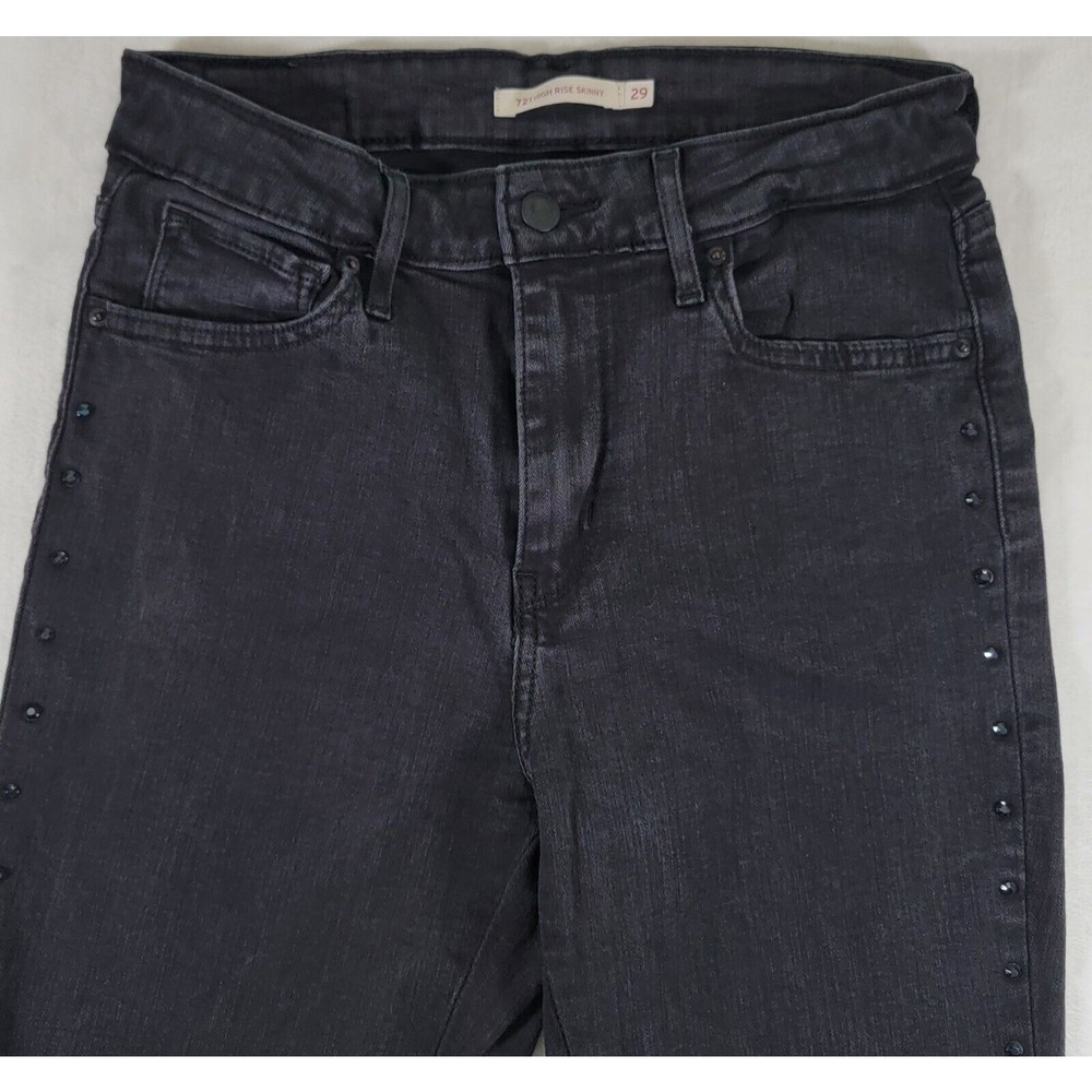 Levis 721 High Rise Skinny Stretch Jeans Size 29 Black Denim Rhinestone Stripe - Picture 2 of 16